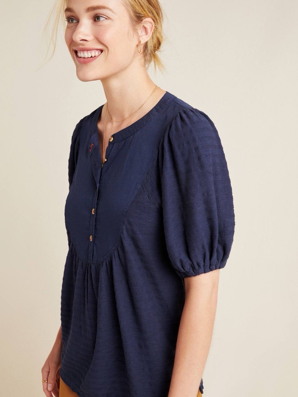 Anthropologie Navy Textured Puff-Sleeve Button-Front Blouse